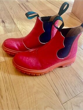 John Fluevog Red Chelsea Boots with Orange Soles